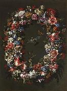 Juan de Arellano Festoon with flowers, birds and a butterfly oil painting